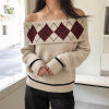 Diamond patterned jacquard one shoulder loose sweater