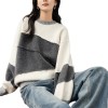 Simple Color-Block Patchwork Crewneck Sweater for Women, Wool Blend, Loose Fit Knit Pullover