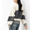 Simple Color-Block Patchwork Crewneck Sweater for Women, Wool Blend, Loose Fit Knit Pullover