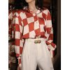 Fashion Women's Shirt Vintage Colorblock Lapel Loose Single Braested Lantern Sleeve Blouse Shirt