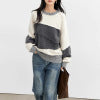 Simple Color-Block Patchwork Crewneck Sweater for Women, Wool Blend, Loose Fit Knit Pullover