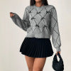 Round neck bow decoration diamond patterned sweater for women