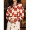 Fashion Women's Shirt Vintage Colorblock Lapel Loose Single Braested Lantern Sleeve Blouse Shirt