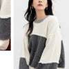 Simple Color-Block Patchwork Crewneck Sweater for Women, Wool Blend, Loose Fit Knit Pullover