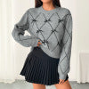 Round neck bow decoration diamond patterned sweater for women