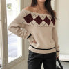 Diamond patterned jacquard one shoulder loose sweater