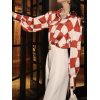 Fashion Women's Shirt Vintage Colorblock Lapel Loose Single Braested Lantern Sleeve Blouse Shirt