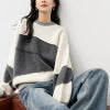 Simple Color-Block Patchwork Crewneck Sweater for Women, Wool Blend, Loose Fit Knit Pullover