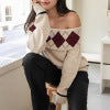 Diamond patterned jacquard one shoulder loose sweater