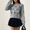 Round neck bow decoration diamond patterned sweater for women