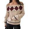 Diamond patterned jacquard one shoulder loose sweater